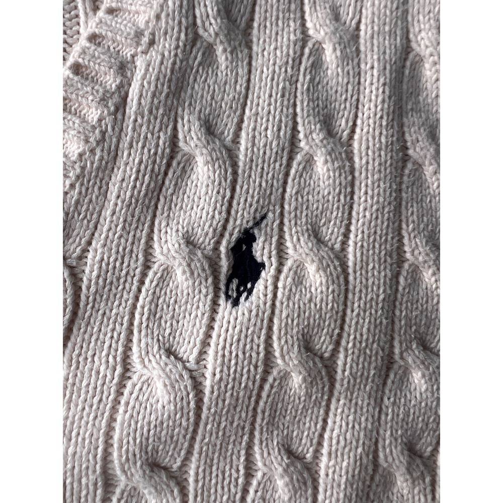 Ralph Lauren Sport Womens XL Cream Cotton Cable Knit V-Neck Sweater Navy Pony - Picture 2 of 6